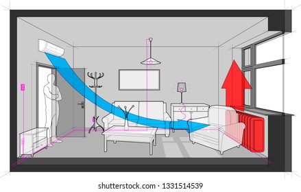 3d illustration of room with electric installations and wall mounted air conditioner
and radiator heating and furniture


