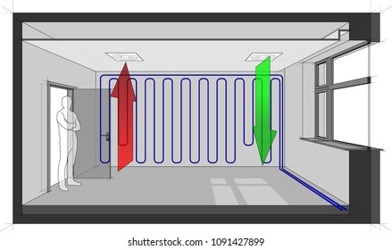 3d illustration of room ventilated by ceiling built in air ventilation and cooled with wall cooling