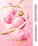 3D illustration of rose theme perfume ad. Pink perfume glass bottle with gold cap surrounded by glass rose flower, petals and swirling ribbon on light pink background.