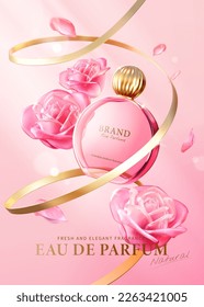 3D illustration of rose theme perfume ad. Pink perfume glass bottle with gold cap surrounded by glass rose flower, petals and swirling ribbon on light pink background.