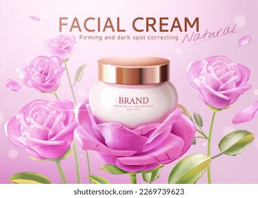 Ilustración 3D del anuncio de productos de cuidado de la piel con tema rosa. Contenedor de crema facial con gorra dorada en flor de rosa de vidrio rodeado de decoración de pétalos de rosa y flor.