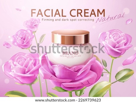 3D illustration of rose theme skin care product ad. Facial cream container with gold cap display on glass rose flower surrounded by rose and flower petals decoration.