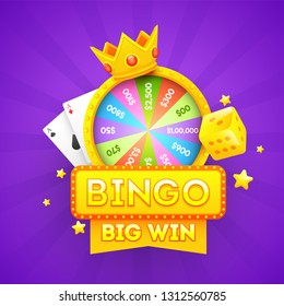 3D illustration of roulette wheel, playing cards, dice and crown on purple rays background for Bingo Big Win poster or banner design.
