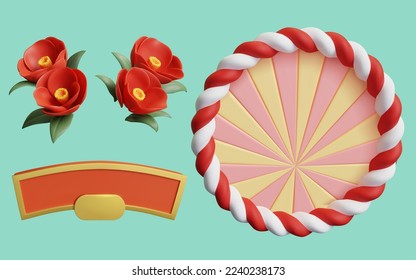 3D Illustration of round shape red white shimenawa with radial wreath, flowers and orange gold banner isolated on cyan background.