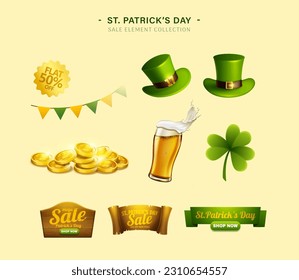 3D illustration of Saint Patrick's day promotion element set isolated on light yellow background. Including bunting, signs templates, leprechaun's hats, beer, clover leaves and gold coins.