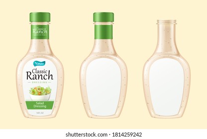 3d illustration of salad dressing bottle set, isolated on light yellow background