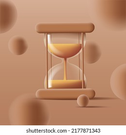 3d illustration of a sand clock, render trendy style with spheres around it. Vector illustration