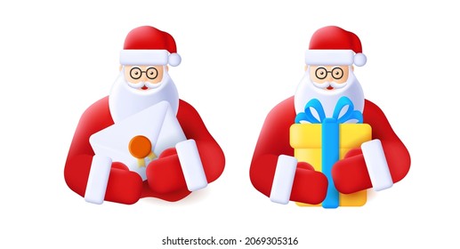 3d illustration of Santa Claus holding gift box and letter, isolated icons, render cartoon style