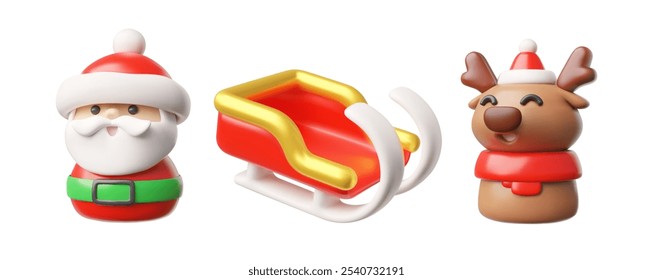 3D illustration of Santa Claus with a reindeer and a snow sleigh. Cartoon-style toys add festive decoration and the Christmas spirit on a white background.