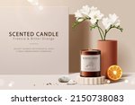 3d illustration of scented candle promo ad. Candle mock up displayed on podium with freesia vase and orange.