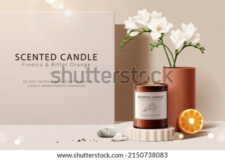 3d illustration of scented candle promo ad. Candle mock up displayed on podium with freesia vase and orange.