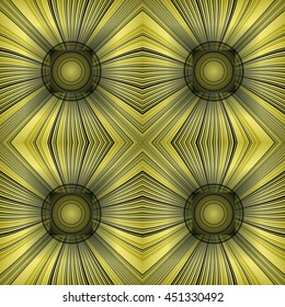 3D illustration. Seamless pattern with radial rays and concentric circles. The three-dimensional luminous psychedelic space. Regular pattern.