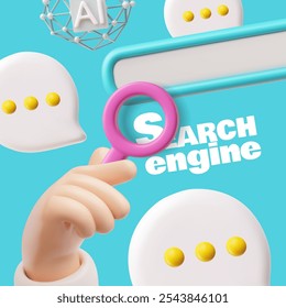 A 3D illustration of a search engine with a magnifying glass in hand above a pop-up message. The concept emphasizes online optimization and computer traffic