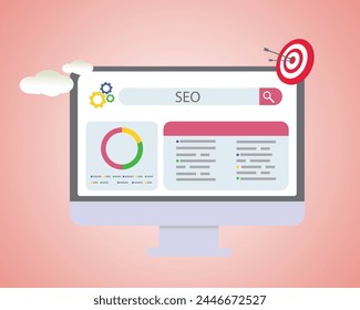 3D illustration of SEO optimization concept  Icon composition with settings and search, increasing traffic, data analysis in browser on computer screen. Vector illustration for modern web design