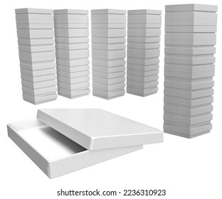 3D illustration - Set of blank and empty flat boxes. Five stacks and one flat box with an open lid.