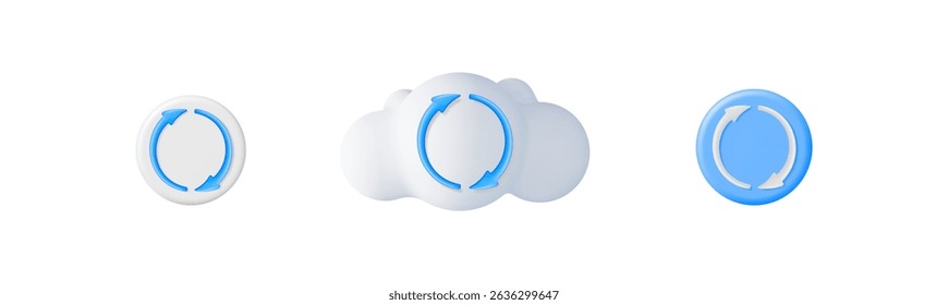 Conjunto de ilustración 3D de iconos de flecha circular, que representan la actualización de datos, la transferencia de datos y el concepto de sincronización en la nube.