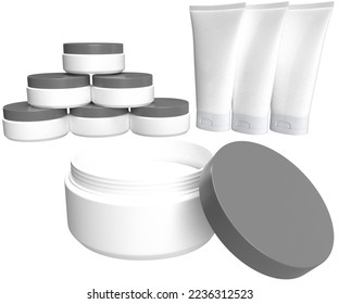 3D illustration - Set of cream jars, one with an open lid and three cream tubes.