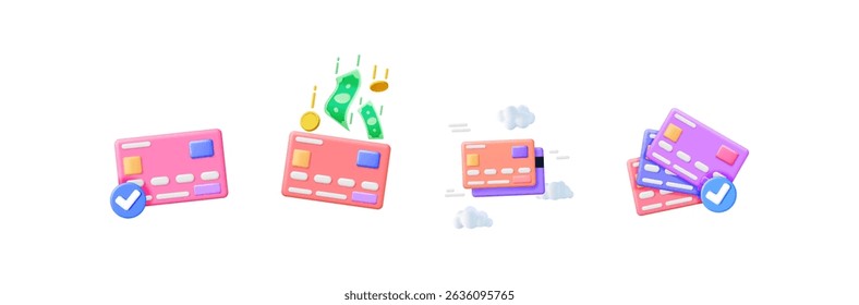 3d illustration set of credit cards, money falling into card, multiple cards, card with check mark, and card transaction in clouds for banking concepts.