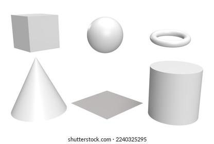 Ilustración 3D - Un conjunto de diferentes formas 3D (cubo, bola, torso, cono, plano, cilindro).
