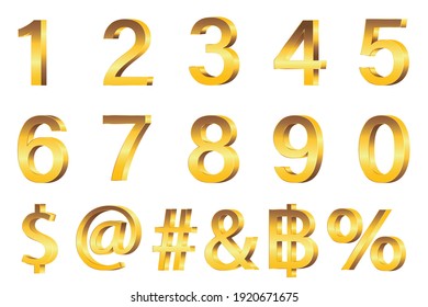 3D Illustration Set Of Golden Numbers And Currency Symbols Over White Background 