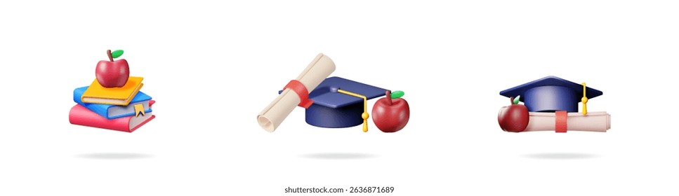 3d illustration set with graduation cap, certificate, stack of books, and apple for education concept. Isolated on white background with shadow.