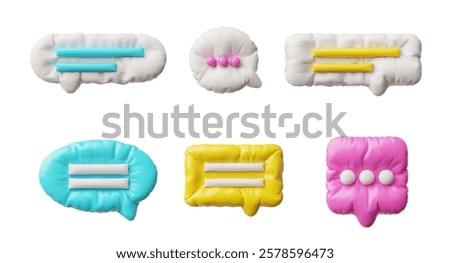 3d illustration of set with inflatable speech bubbles of different shapes and colors. Vector of dialog boxes of bright design with dots and lines. Chat or decoration. Isolated background.