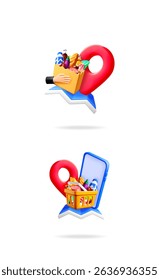3d illustration set for online shopping. Grocery delivery service with location pin, phone and shopping bag concept.