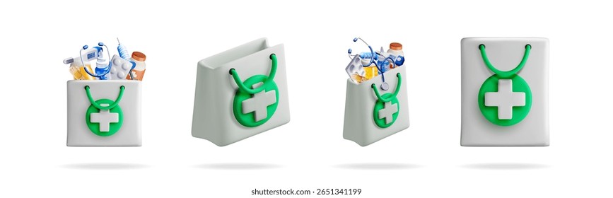3d illustration set of pharmacy shopping bag with medicine and medical supplies. Concept of online pharmacy, medicine purchase, and health care.