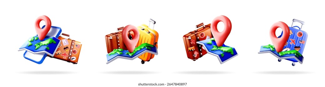 Conjunto de ilustración 3D de una ubicación de pin, mapa de papel y equipaje con varias pegatinas de viaje. Concepto de búsqueda global de viajes y destinos.