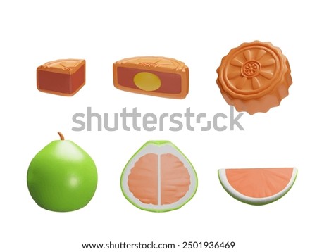 3d illustration with a set of pomelo and moon cake, cut into pieces and halves. Charming realistic design dedicated to the festive moments of mid-autumn.