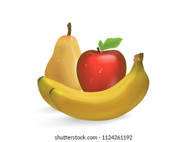 3D illustration of a set of ripe banana fruit, apple, pear isolated on white background