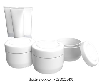 3D illustration - set of three cream tubes with three cream jars and one with an open lid.