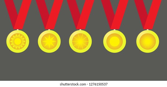 3D Illustration of a sets of gold Medal, hanging with a Red Ribbon.
A vector illustration of gold competition medals and ribbons with gold colors. Vector EPS. EPS file contains transparency.