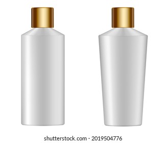 3d illustration of a shampoo bottles with gold caps. Cosmetic container. Lotion	