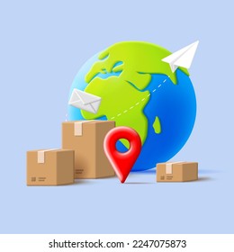 3d illustration of shipment delivery with globe icon and carton boxes and paper plane and envelope with geo tag