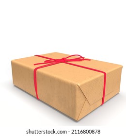3D Illustration - A shipping package in brown wrapping paper with a red ribbon.