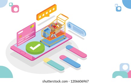 3D-Illustration von Shopping-Mobile-App, die über Smartphone geöffnet ist, Kreditkarte für sichere Online-Zahlung auf abstraktem Hintergrund für Online-Zahlung oder Online-Shopping-Konzept.