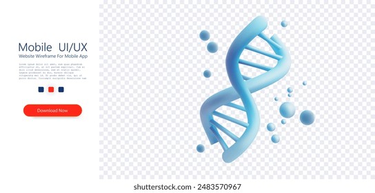 3D-Darstellung mit schwimmender DNA-Struktur, umgeben von transparenten Kugeln. Diese wissenschaftliche Grafik eignet sich perfekt für Unterrichtsmaterialien, Präsentationen und Themen der Gesundheits- oder Genforschung.