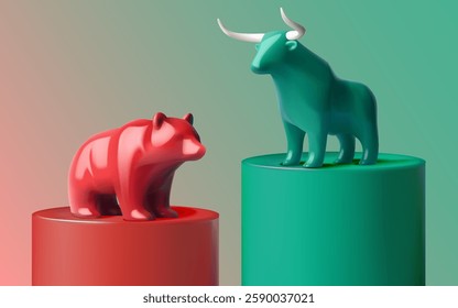 A 3D illustration showing a green bull and red bear on rising and falling platforms, symbolizing stock market trends