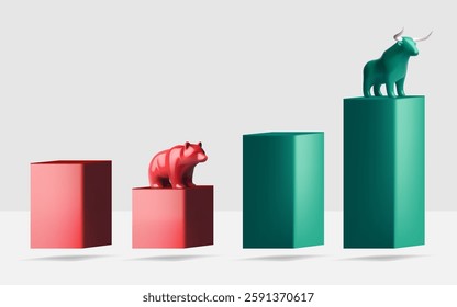 A 3D illustration showing a green bull and red bear on rising and falling platforms, symbolizing stock market trends