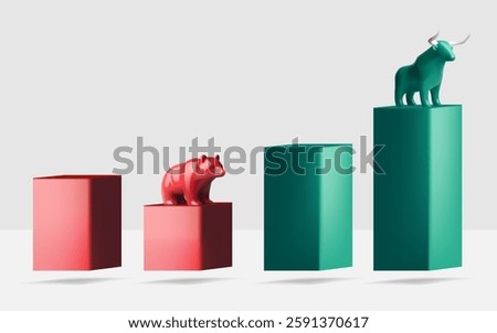 A 3D illustration showing a green bull and red bear on rising and falling platforms, symbolizing stock market trends