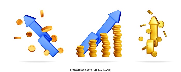 3d illustration showing growth of coins with arrows flying and growing stacks for cryptocurrency exchange on white background.