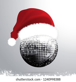 3D Illustration of Silver Disco Ball with Red Santa Hat and Snow over Gray Background