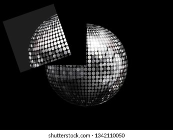3D Illustration of Silver Disco Ball With a Portion of it Flying Away Over Black Background