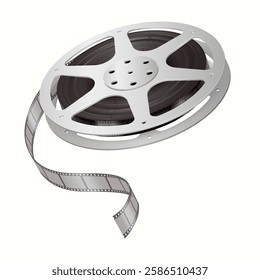 3D illustration of a silver film reel with an unwinding strip of film. A symbol of traditional cinema, movie production, and vintage filmmaking techniques.