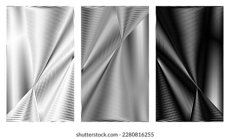 3D illustration of a silver metal abstract design set against a dark background with diagonal lines. The graphic features a monochrome retro line pattern created using gradient vectors.	