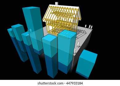 3d illustration of simple detached house with wooden framework construction with abstract business diagram 