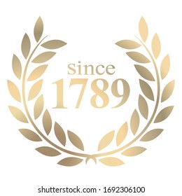 3D illustration since year 1789  gold laurel wreath vector isolated on a white background 