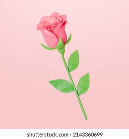 3D Illustration of a single pink rose isolated on pink background. Element suitable for Mother's Day and Valentine's Day