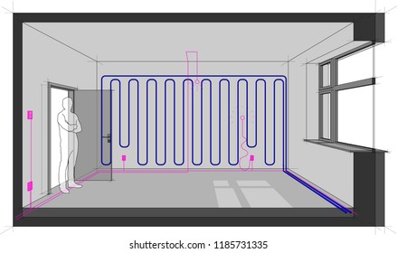 3d illustration of a single room cooled with wall cooling and with electric installations